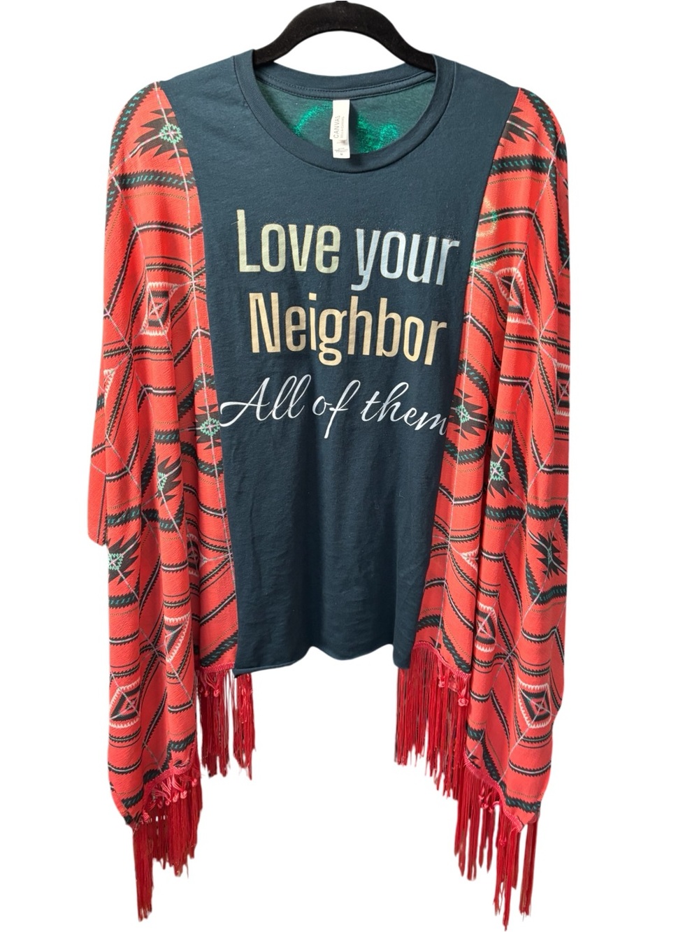 Love Your Neighbor Graphic Tee with upcycled Red Aztec Fringe sleeves